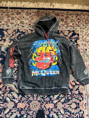 Hot Topic Black Hoodie with Red Drawcord and Blue Graphic